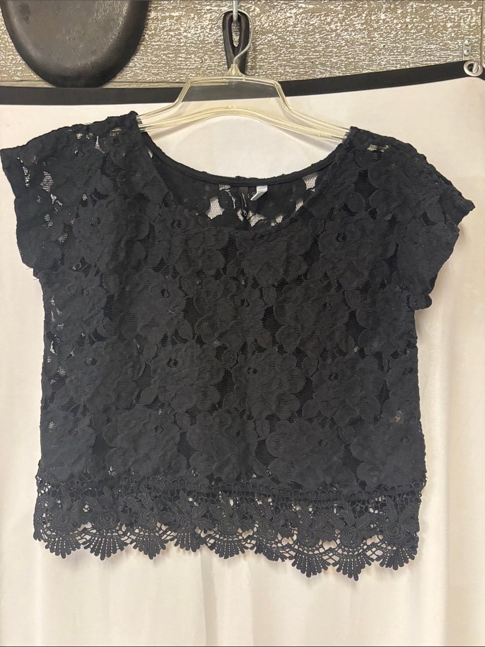 new directions Black Lace Crop Top with Scalloped Hem